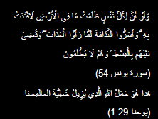 <span dir=rtl>وَلَوْ أَنَّ لِكُلِّ نَفْسٍ ظَلَمَتْ مَا فِي الْأَرْضِ لَافْتَدَتْ بِهِ ۗ وَأَسَرُّوا النَّدَامَةَ لَمَّا رَأَوُا الْعَذَابَ ۖ وَقُضِيَ بَيْنَهُم بِالْقِسْطِ ۚ وَهُمْ لَا يُظْلَمُونَ   (سورة يونس 54)  </span>  <span dir=rtl>هَذا هُوَ حَمَلُ اللهِ الَّذِي يُزِيلُ خَطِيَّةَ العالَمِحنا  (يوحنا 1:29)  </span>