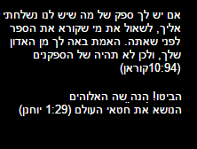 אם יש לך ספק של מה שיש לנו נשלחתי אליך, לשאול את מי שקורא את הספר לפני שאתה. האמת באה לך מן האדון שלך, ולכן לא תהיה של הספקנים (10:94קוראן) הביטו! הנה שה האלוהים הנושא את חטאי העולם (1:29 יוחנן)